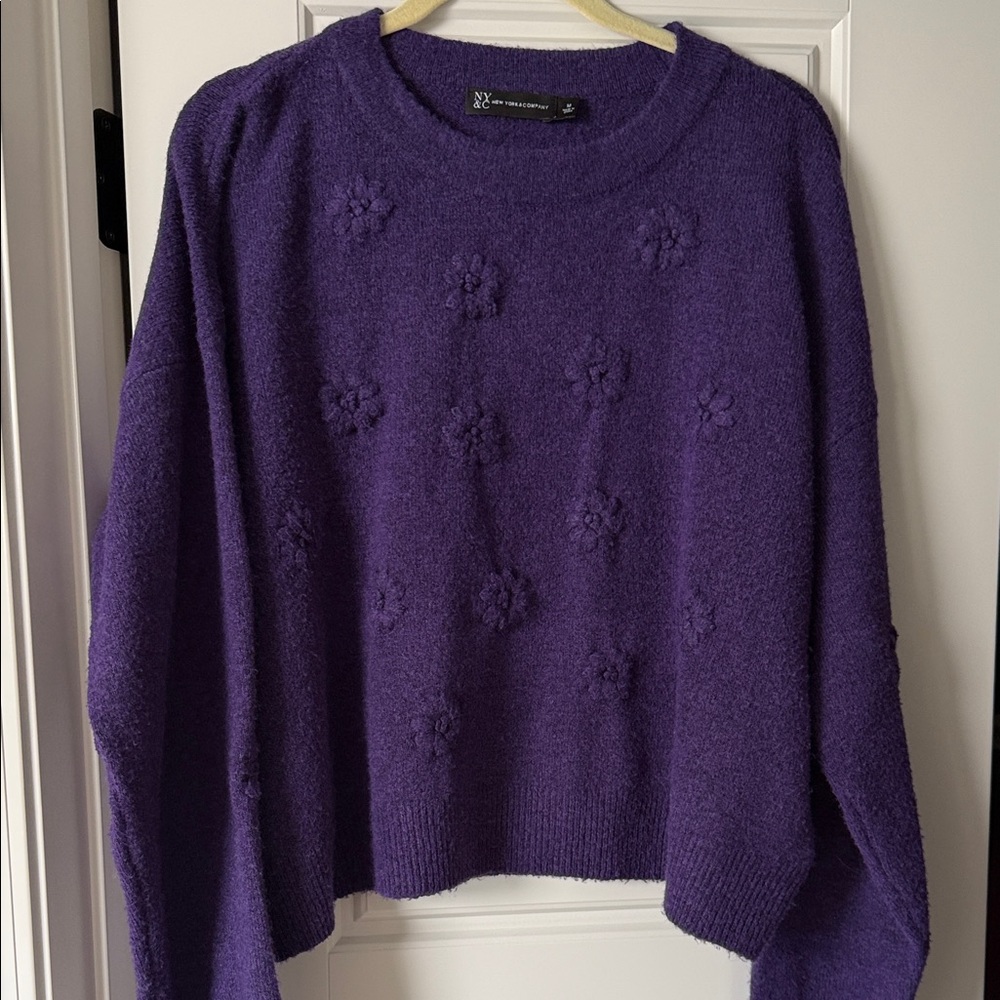 New York & Company Deep Purple Floral Knit Crewneck Sweater